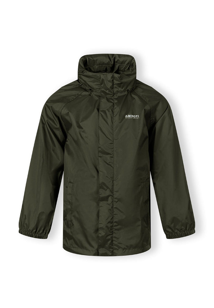 Kids khaki waterproof jacket front view with hood and elastic cuffs.