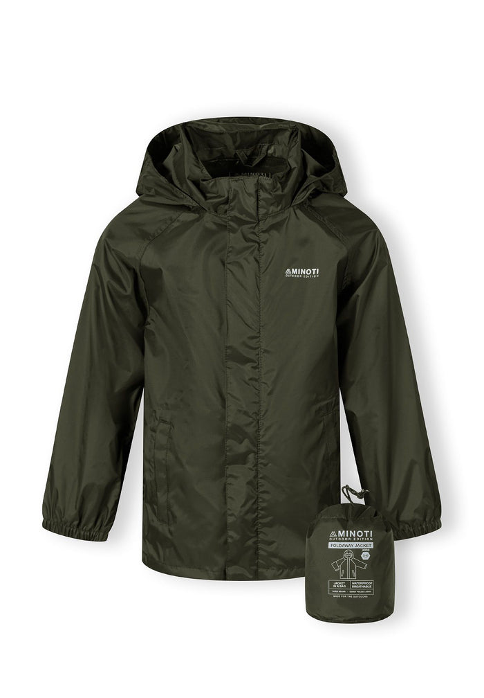 Kids packaway waterproof jacket in khaki, front view with hood and adjustable cuffs.