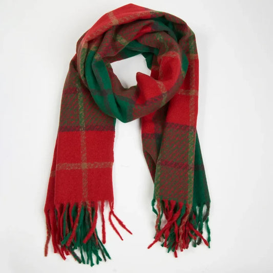 Kylie Windowpane Red Plaid Fringe Scarf