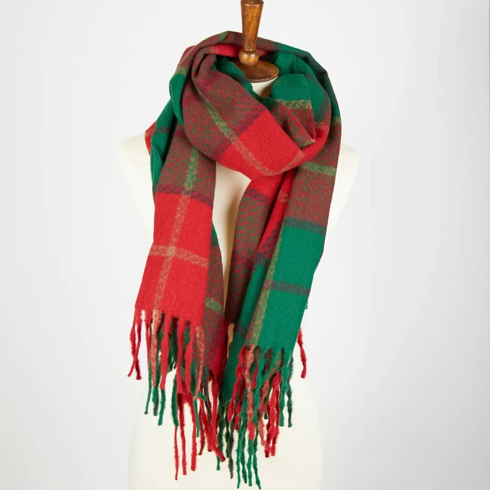 Kylie Windowpane Red Plaid Fringe Scarf