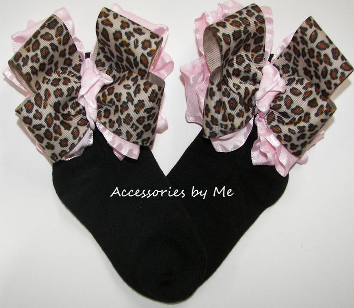 Leopard Print Light Pink Ruffle Bows Black Socks