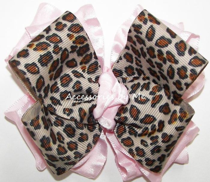 Leopard Light Pink Ruffle Hair Bow