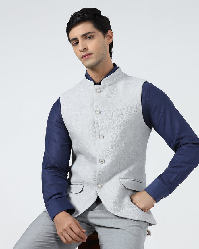 Light Grey Bandhgala Textured Waistcoat - Cadens