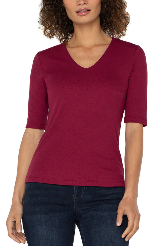 Liverpool Double Layer V-Neck Knit Top – Half Sleeve in Burgundy