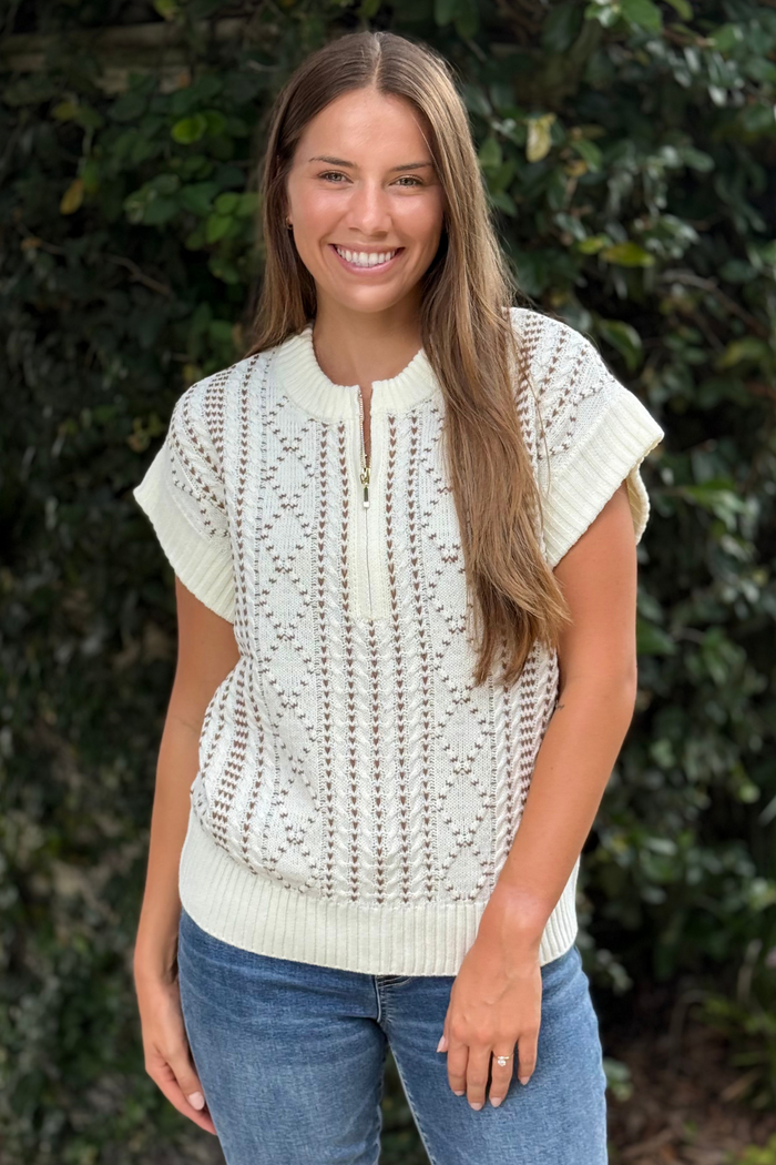 Liverpool Harper Cap Sleeve Half-Zip Sweater – Cream & Camel