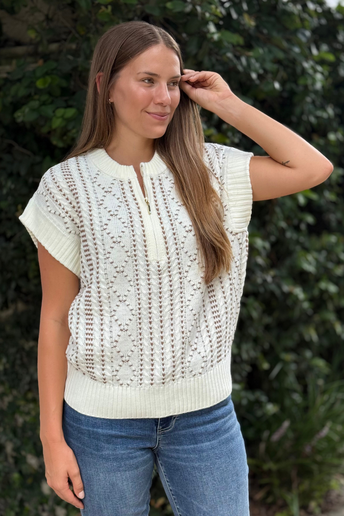Liverpool Harper Cap Sleeve Half-Zip Sweater – Cream & Camel