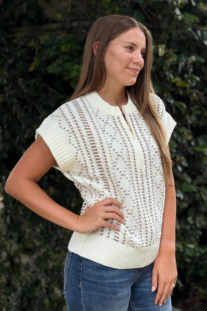 Liverpool Harper Cap Sleeve Half-Zip Sweater – Cream & Camel