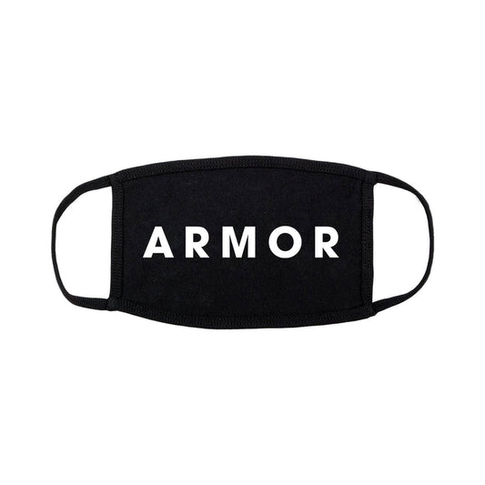 A black cloth face mask from Armor For Sleep features ARMOR in bold white uppercase letters across the front. It has ear loops and is designed to be hand washed and air dried for durability.