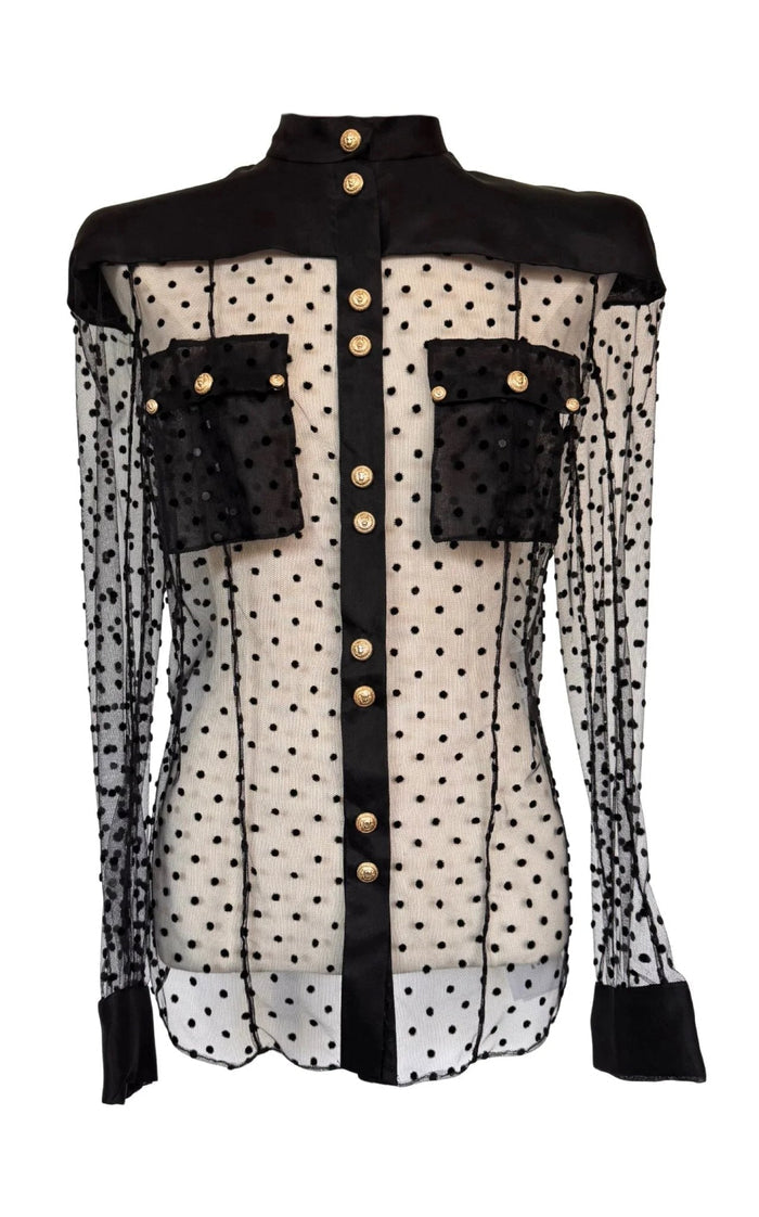 Balmain Long Sleeve Black Polka Dot Silk Shirt with Gold Buttons - Runway Catalog