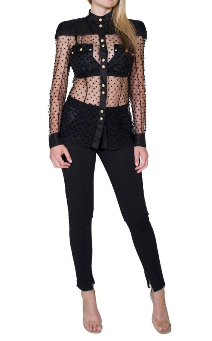 Balmain Long Sleeve Black Polka Dot Silk Shirt with Gold Buttons - Runway Catalog