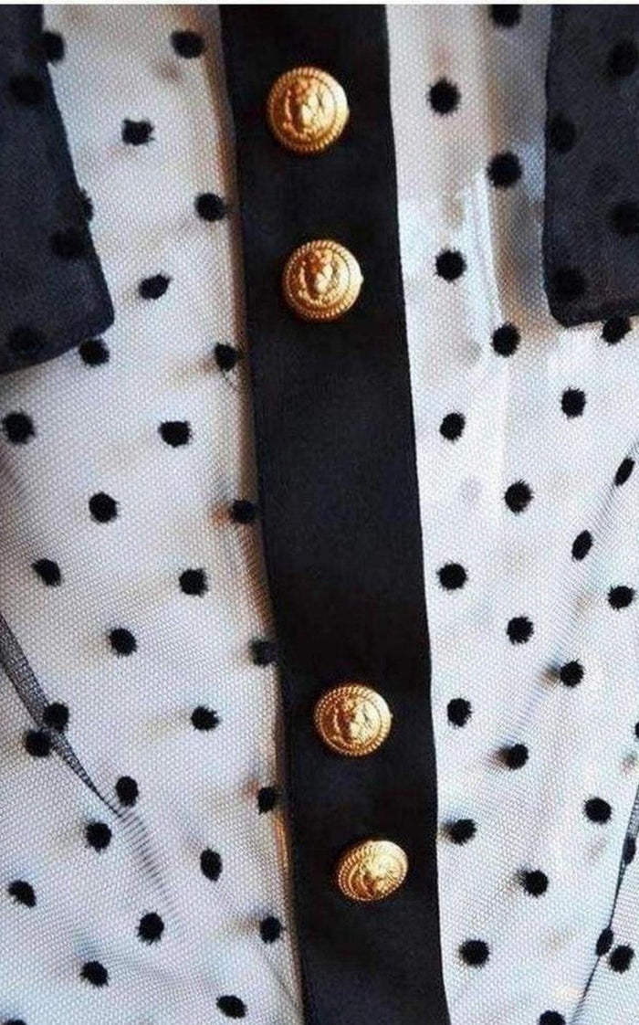 Balmain Long Sleeve Black Polka Dot Silk Shirt with Gold Buttons - Runway Catalog