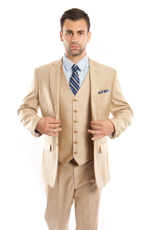 Lt. Beige Solid Shiny Sharkskin 3-PC Regular Modern Fit Suits For Men - Giorgio's Menswear
