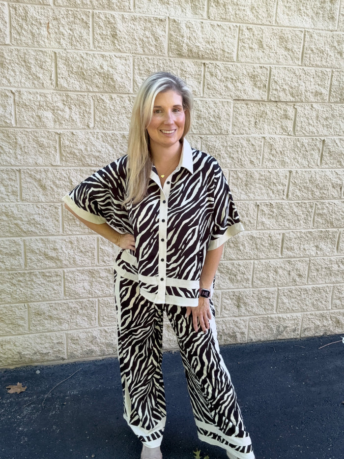 Luxe Zebra Print Button-Down & Wide-Leg Set