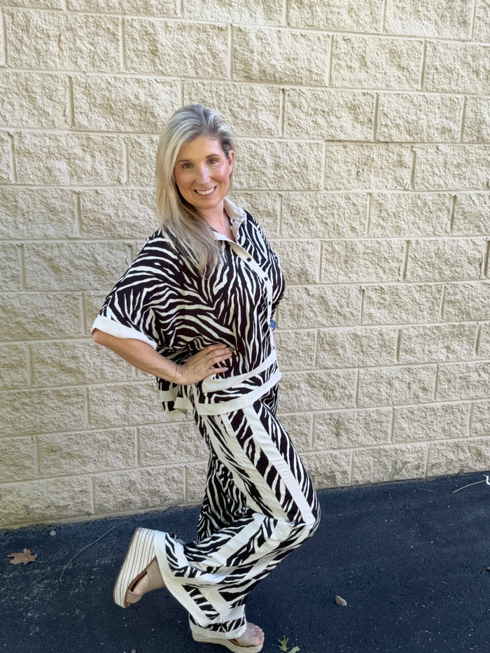 Luxe Zebra Print Button-Down & Wide-Leg Set