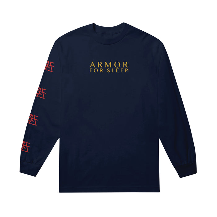 A navy Gildan Heavy Cotton long-sleeve shirt from Armor For Sleep features yellow ARMOR FOR SLEEP text on the chest and red sleeve designs. Made of 100% cotton, the shirt is shown laid flat on a white background.