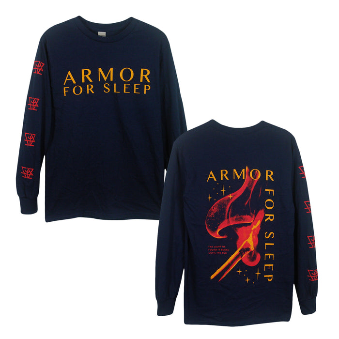Armor For Sleep navy Gildan Heavy Cotton long-sleeve shirt with bold yellow logo on front and back, red graphic on back, and red sleeve symbols. Made from 100% cotton for comfort.