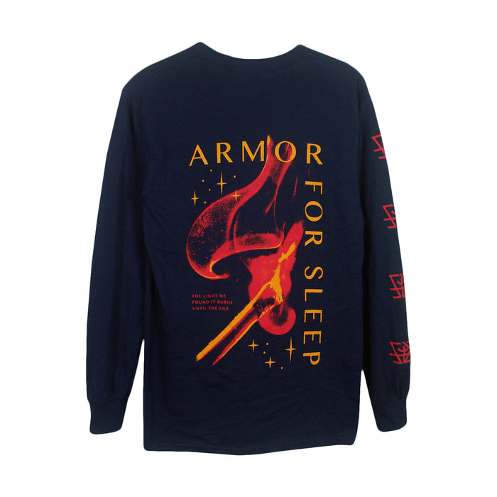 Armor For Sleep navy long-sleeve shirt in 100% cotton Gildan Heavy Cotton with bold yellow and red band text, abstract fiery back art, and red graphic symbols on the right sleeve.