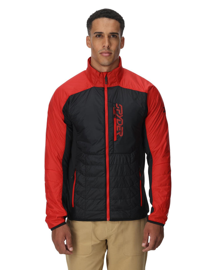 Man wearing a red and black jacket with a brand logo on a white background