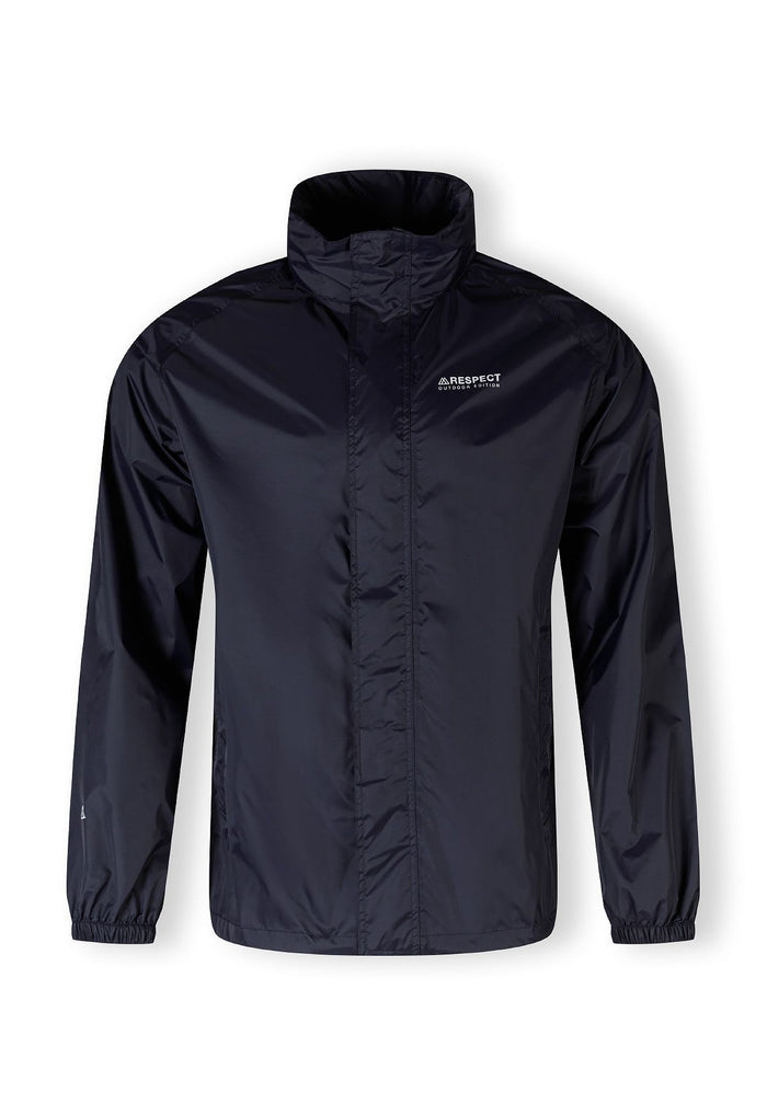 Men's navy packaway waterproof jacket, front view with zip pockets and hood.