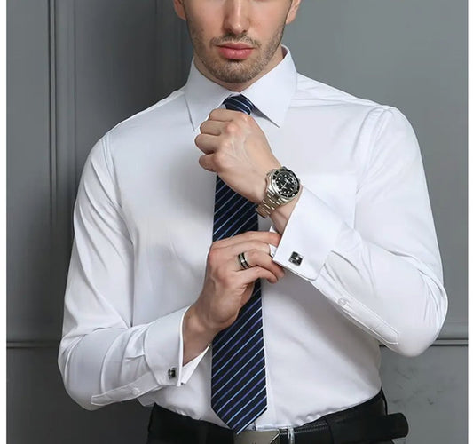 Mens White Premium Slim Fit French Cuff Dress Shirt -XJ69070 - SimonVon Shop