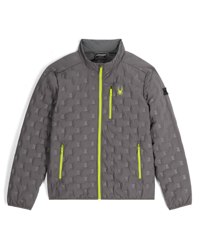 Gray jacket with yellow zippers and a logo on a white background