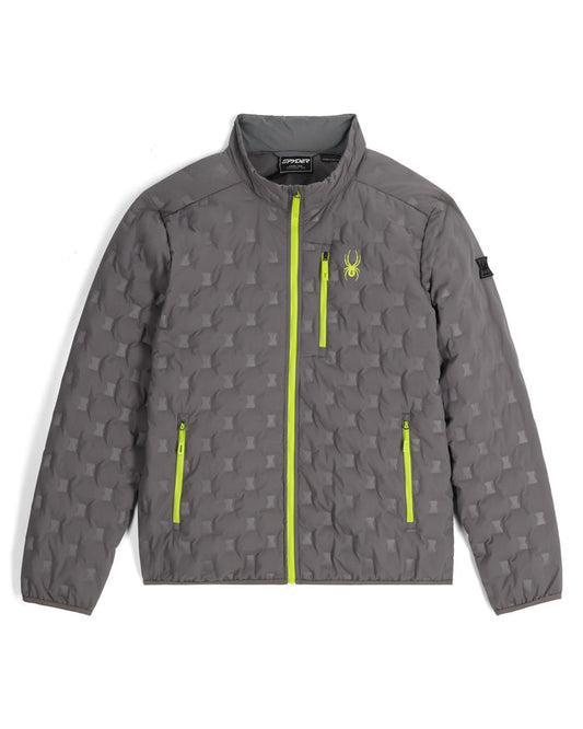 Gray jacket with yellow zippers and a logo on a white background