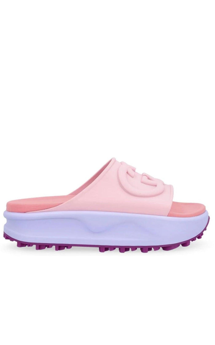 Gucci Miami pink rubber platform slides with oversized Interlocking G logo