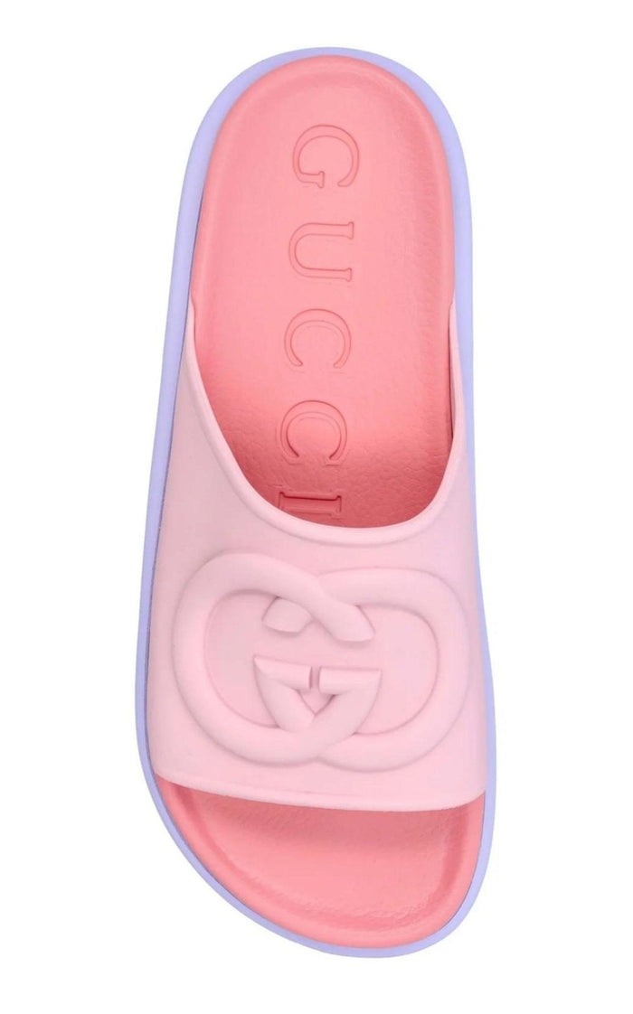 Gucci Miami pink rubber platform slides with oversized Interlocking G logo