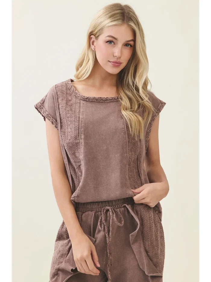 Mineral Washed Eyelet Patch Cap Sleeve Blouse Top
