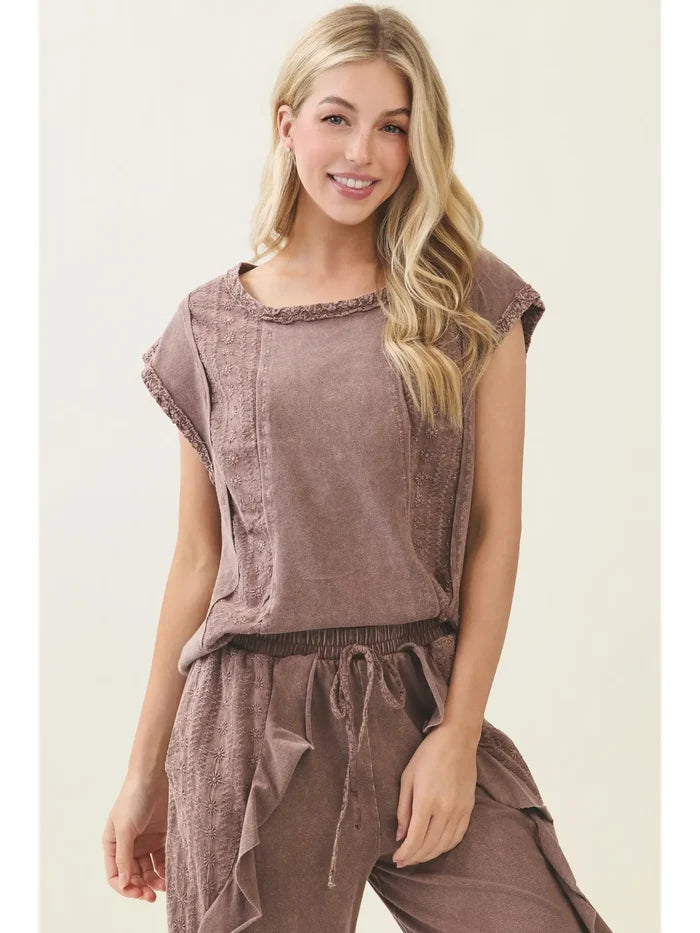 Mineral Washed Eyelet Patch Cap Sleeve Blouse Top