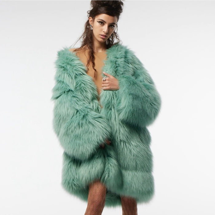 Gucci Faux Fur Coat in Mint, Silk - Lined, Made in Italy - Runway Catalog