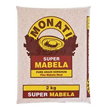 A 2 kg plastic bag of Monati Super Mabela Pure Grain Sorghum Fine Mabela Meal.