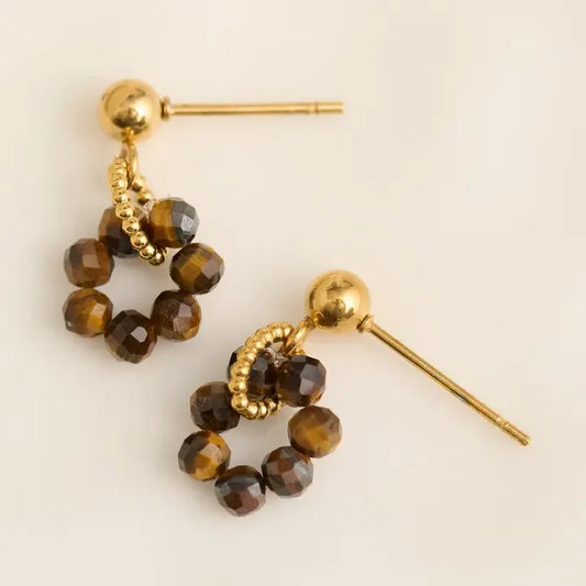 Narelle Waterproof Genuine Tiger's Eye Beaded Hoop Drop Earrings