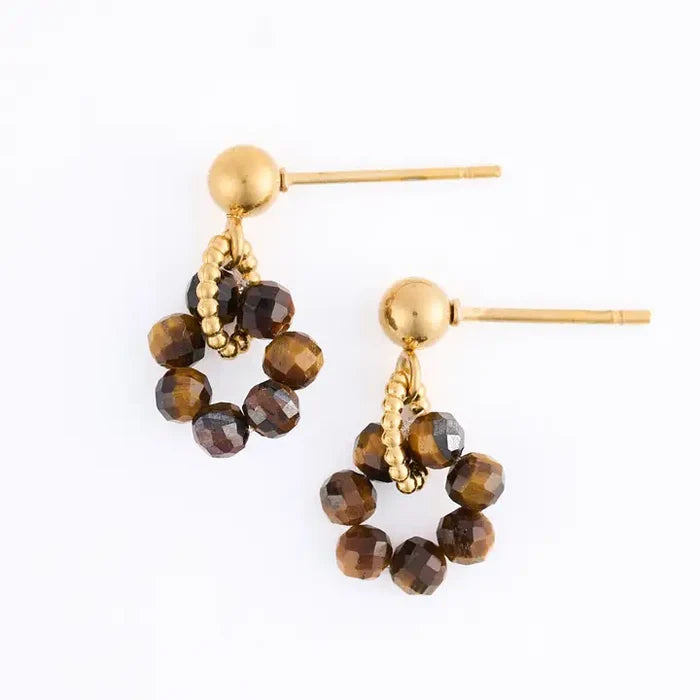 Narelle Waterproof Genuine Tiger's Eye Beaded Hoop Drop Earrings
