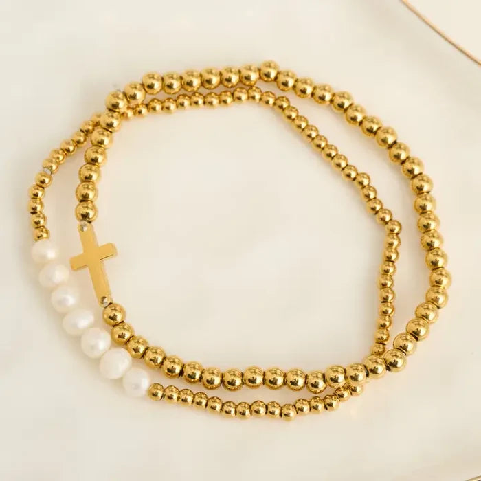 Narelle Waterproof Pearl and Cross Stretch Bracelet Set