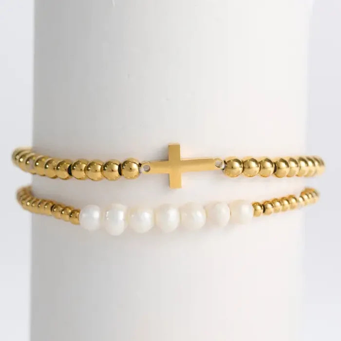Narelle Waterproof Pearl and Cross Stretch Bracelet Set
