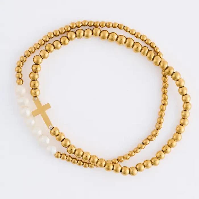 Narelle Waterproof Pearl and Cross Stretch Bracelet Set