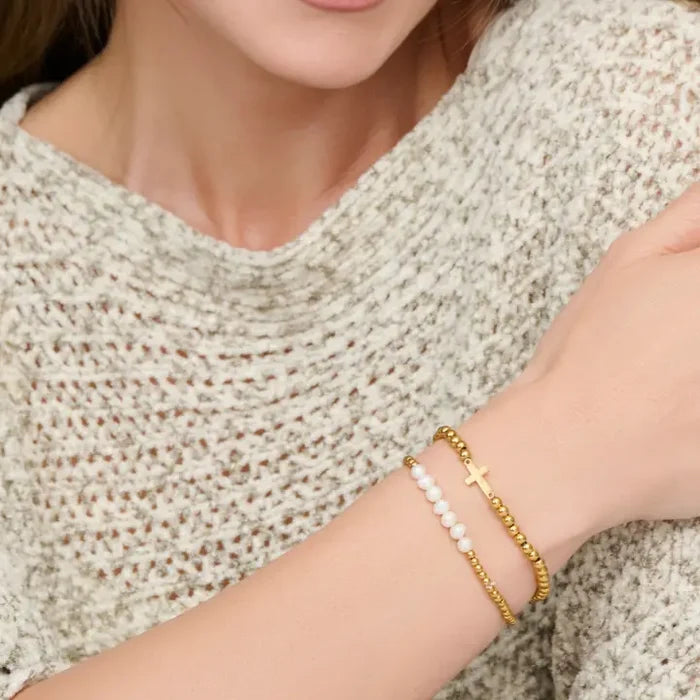 Narelle Waterproof Pearl and Cross Stretch Bracelet Set