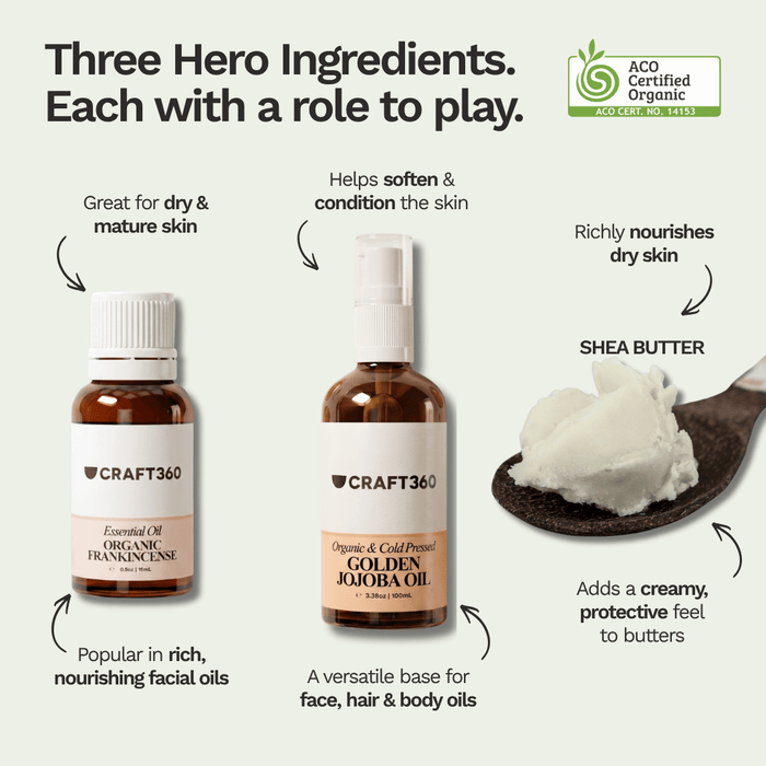 Frankincense essential oil, jojoba oil and shea butter with their uses and benefits in natural skincare formulations