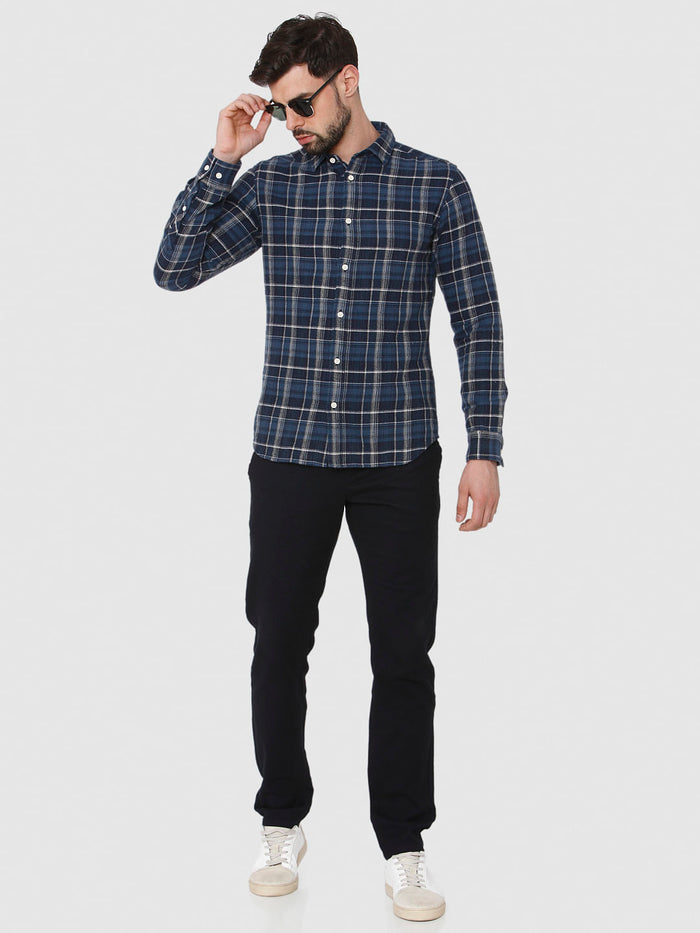 Navy Blue Check Full Sleeves Shirt