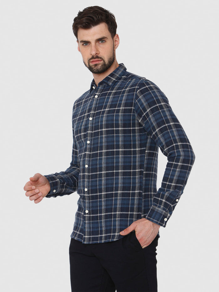 Navy Blue Check Full Sleeves Shirt
