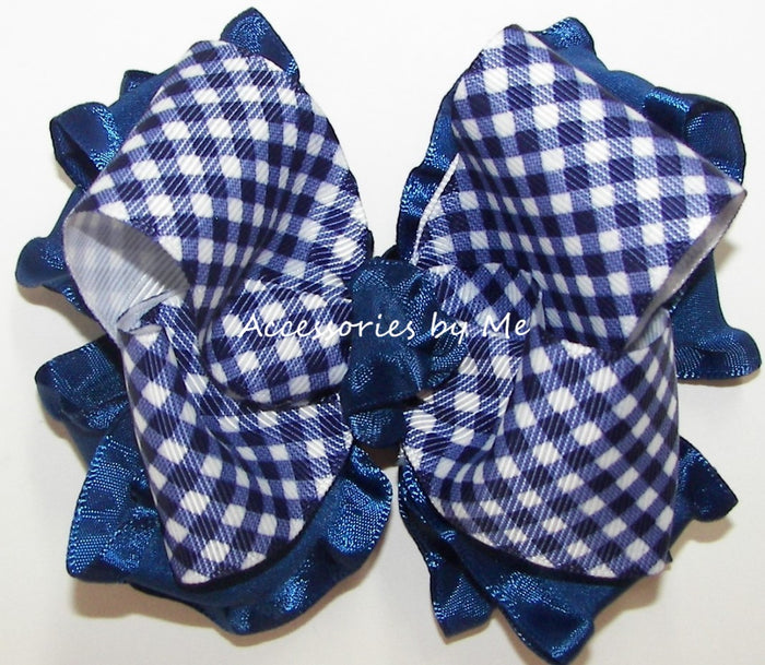 Navy Blue Plaid Ruffle Hair Bow