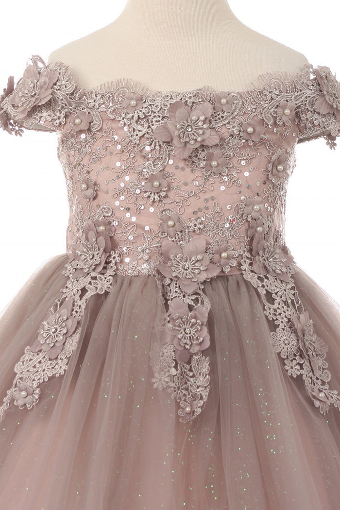 Off the Shoulder Floral Lace Tulle Girl Party Dress by Cinderella Couture USA AS9085