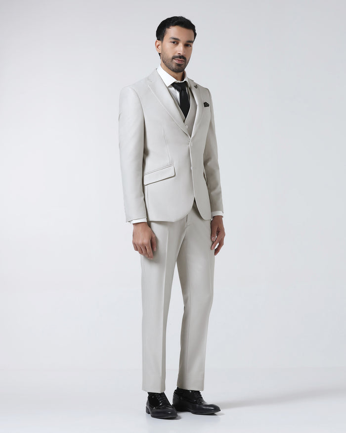 Off White Three Piece Textured Suit - Zeny