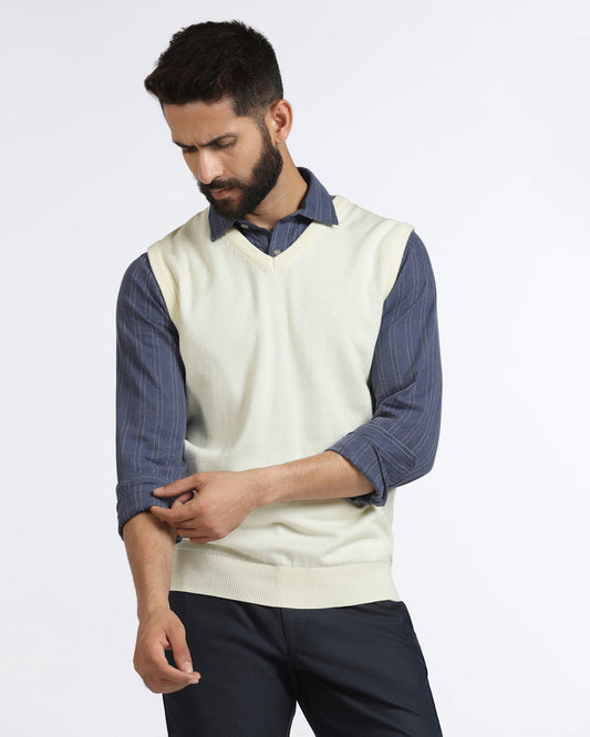 Off White V-Neck Solid Sweatshirt - Less
