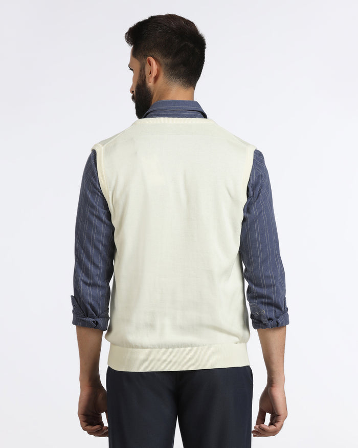 Off White V-Neck Solid Sweatshirt - Less