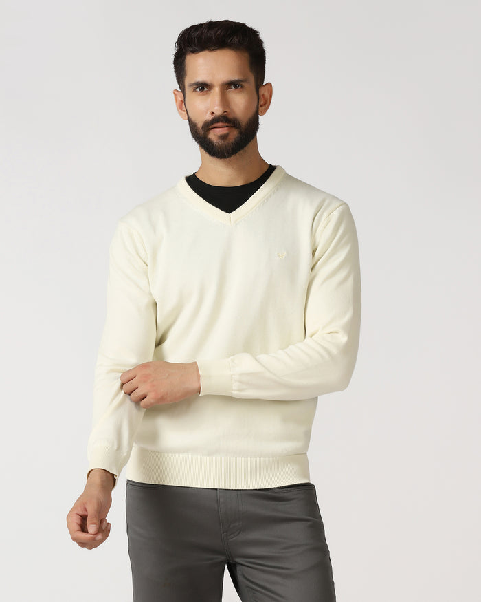 Off White V-Neck Solid Sweatshirt - Vneckter