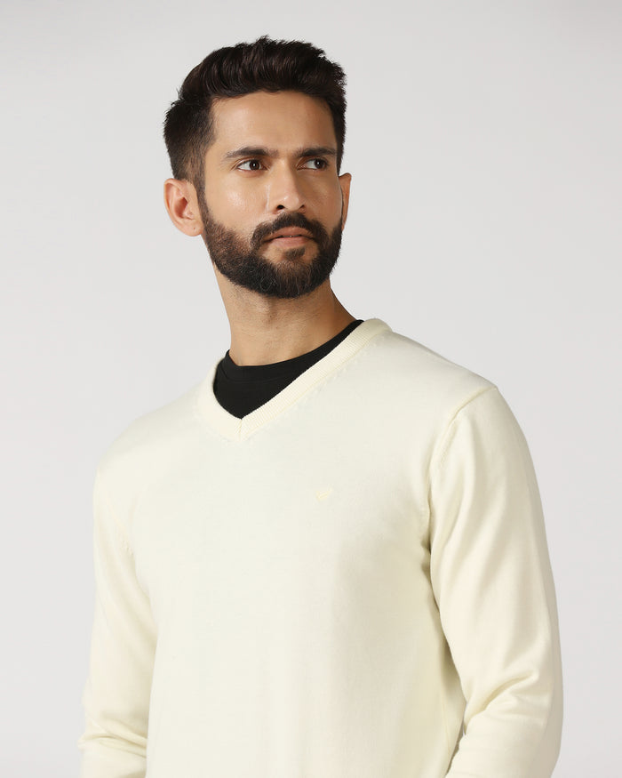 Off White V-Neck Solid Sweatshirt - Vneckter