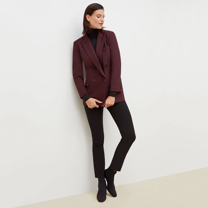 Front image of a woman standing wearing the O'Hara Blazer-Sharkskin in garnet | Lead