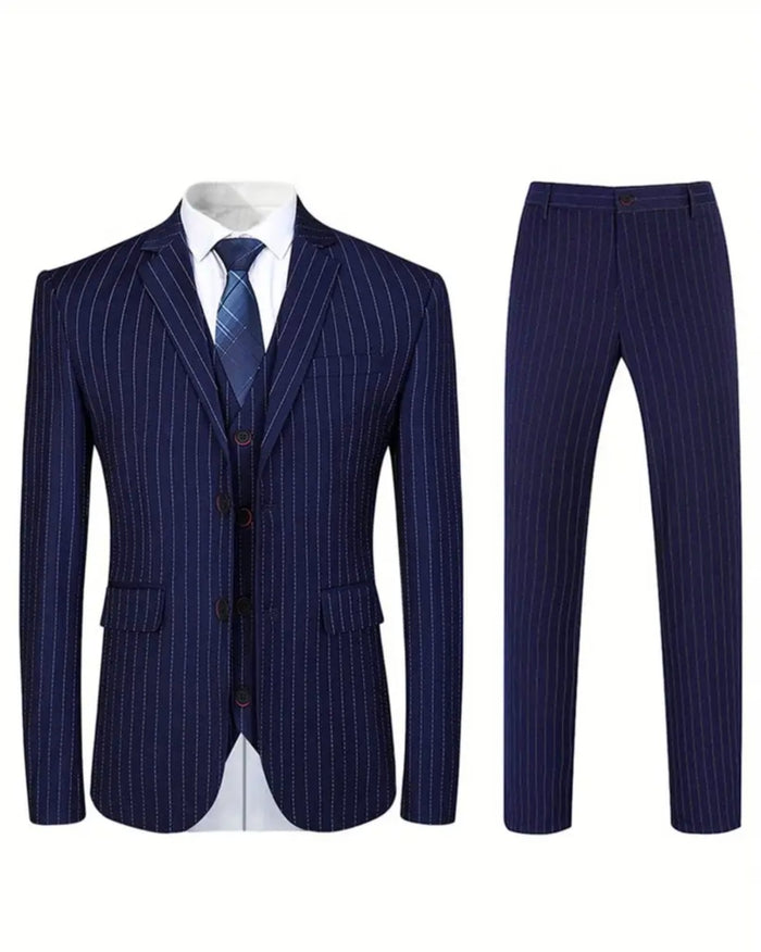 One Button Men's Striped Three-piece Suit, Jacket + Vest + Pants, Wedding Party Formal Wear, Plaid Suit-UY308017 - SimonVon Shop